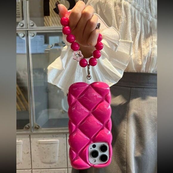 Pink Quilted IPhone 16 Pro Max Case with Beaded Strap - Picture 3 of 8